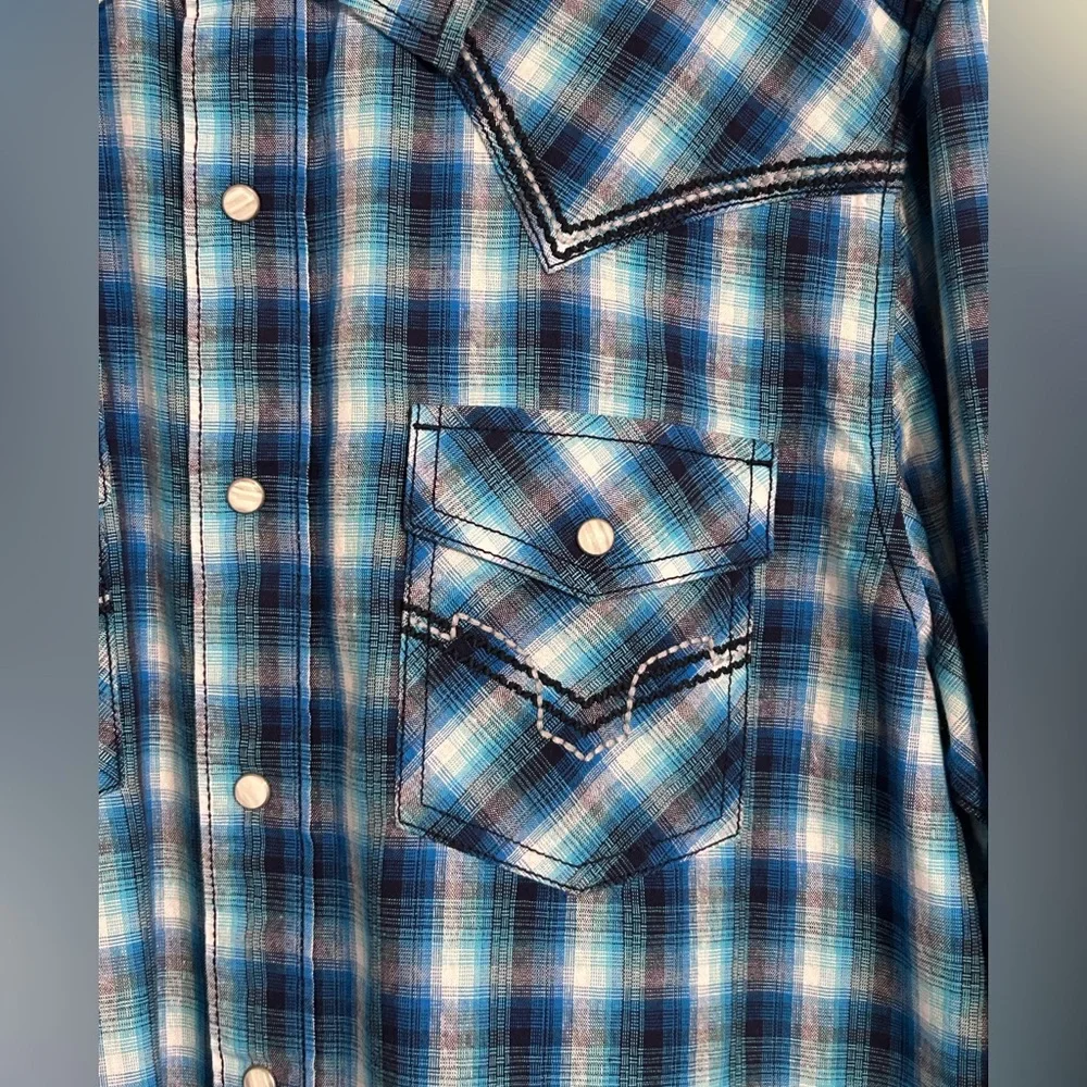 Wrangler Rock 47 | Blue Plaid Men's Shirt | Size Medium - Picture 3 of 6